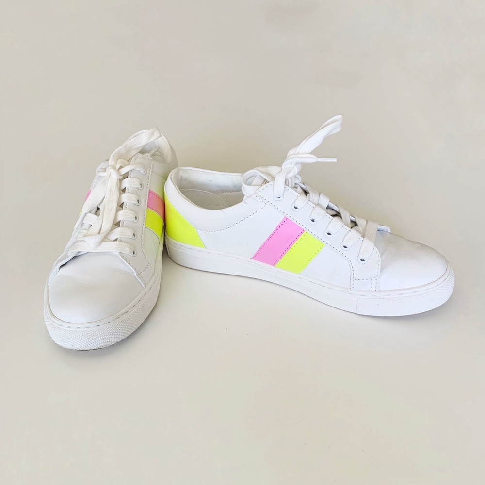 Women’s size 7.5 J Crew Factory, Casual Sneakers in White w/Pink & Neon Yellow